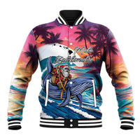 Hawaiian Mele Kalikimaka Baseball Jacket Santa Claus Driving The Whale with Sunset Ocean Landscape LT03 Unisex Blue - Polynesian Pride