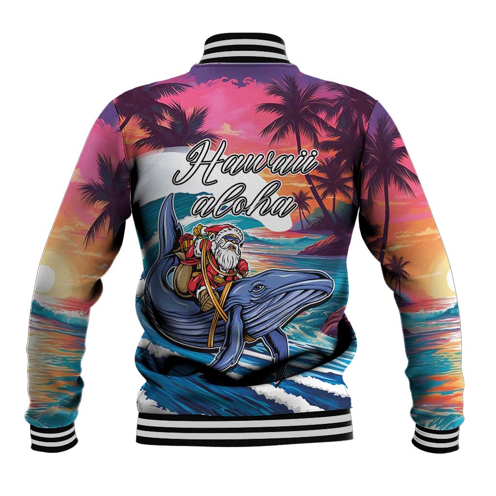Hawaiian Mele Kalikimaka Baseball Jacket Santa Claus Driving The Whale with Sunset Ocean Landscape LT03 - Polynesian Pride