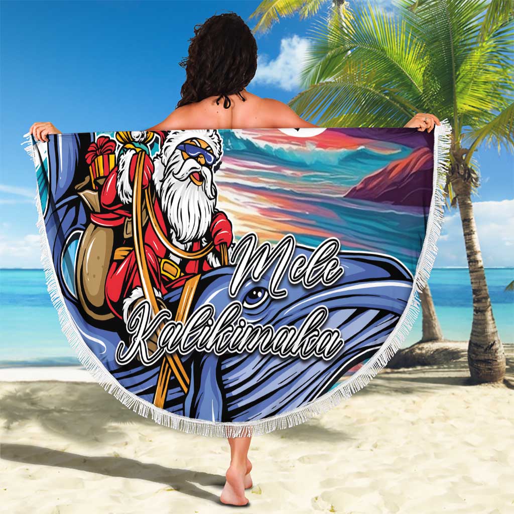 Hawaiian Mele Kalikimaka Beach Blanket Santa Claus Driving The Whale with Sunset Ocean Landscape