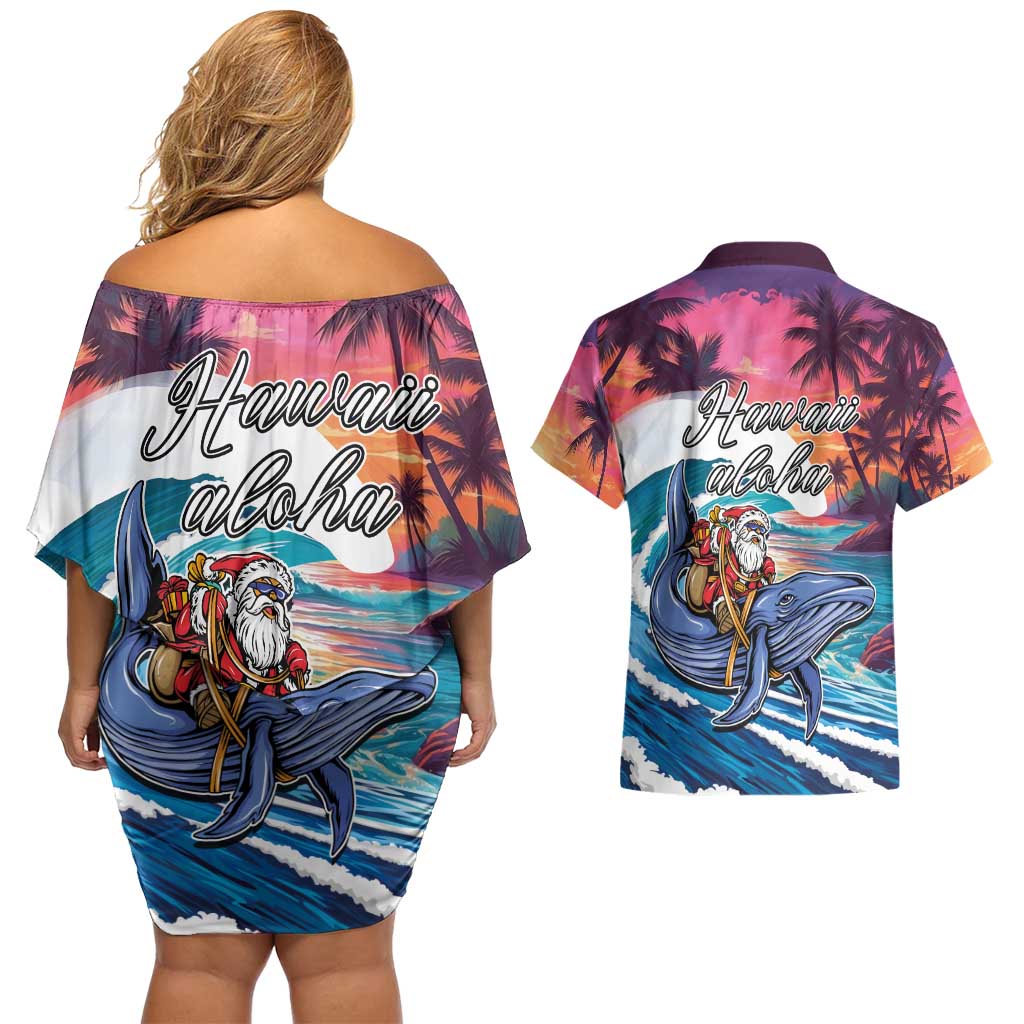 Hawaiian Mele Kalikimaka Couples Matching Off Shoulder Short Dress and Hawaiian Shirt Santa Claus Driving The Whale with Sunset Ocean Landscape