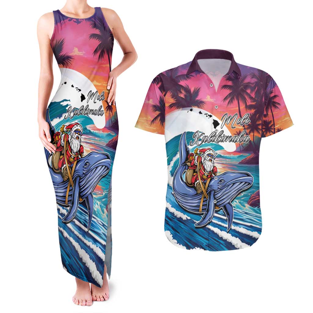Hawaiian Mele Kalikimaka Couples Matching Tank Maxi Dress and Hawaiian Shirt Santa Claus Driving The Whale with Sunset Ocean Landscape