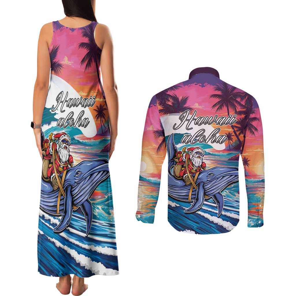 Hawaiian Mele Kalikimaka Couples Matching Tank Maxi Dress and Long Sleeve Button Shirt Santa Claus Driving The Whale with Sunset Ocean Landscape