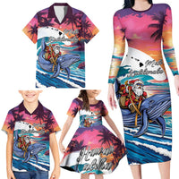 Hawaiian Mele Kalikimaka Family Matching Long Sleeve Bodycon Dress and Hawaiian Shirt Santa Claus Driving The Whale with Sunset Ocean Landscape