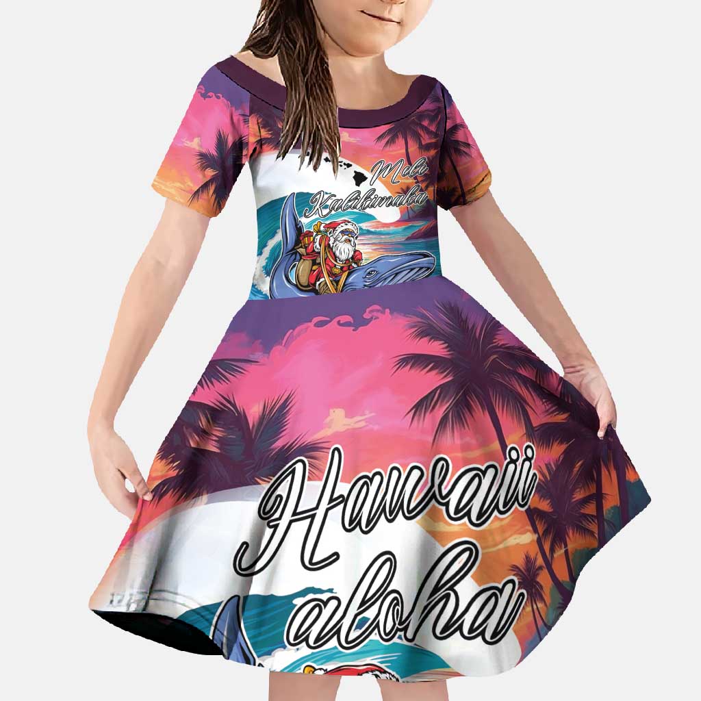 Hawaiian Mele Kalikimaka Family Matching Mermaid Dress and Hawaiian Shirt Santa Claus Driving The Whale with Sunset Ocean Landscape