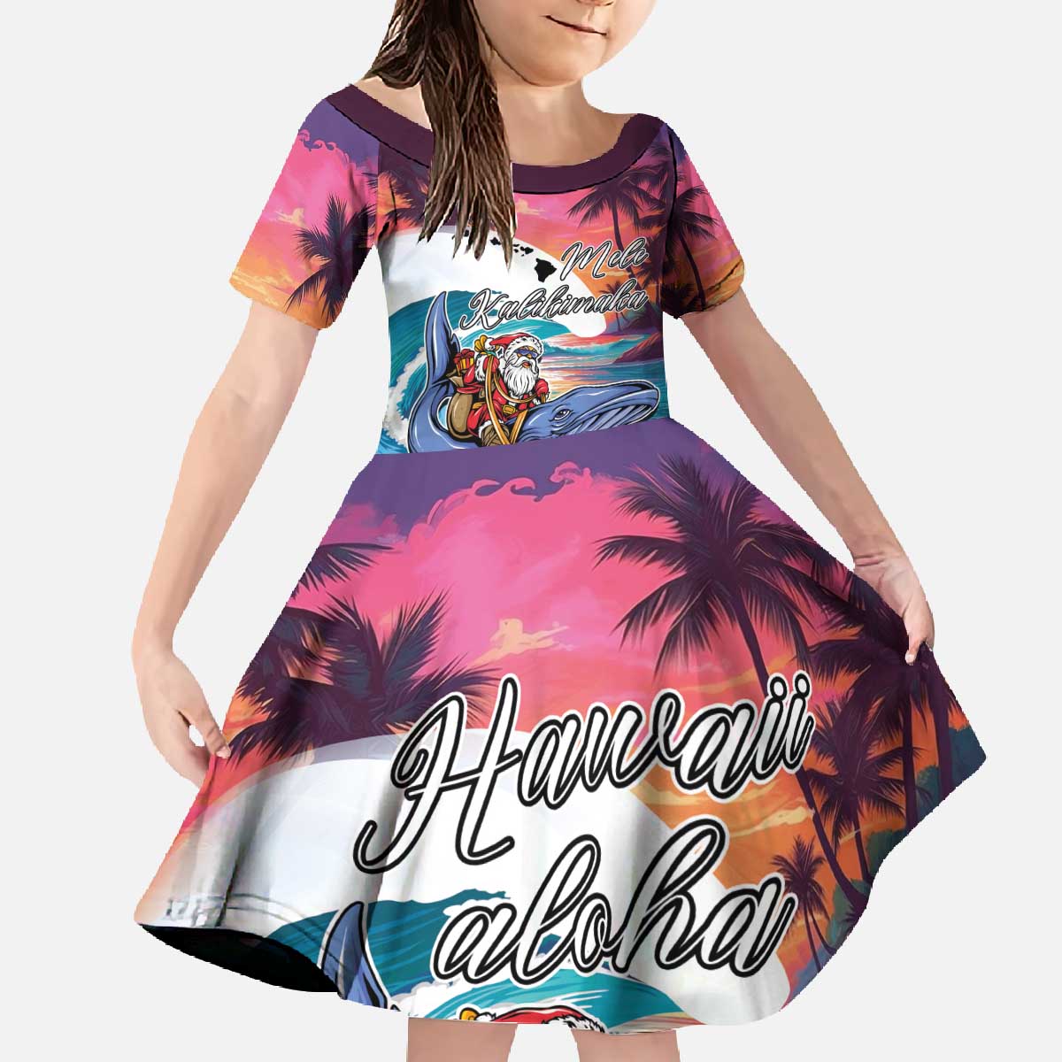 Hawaiian Mele Kalikimaka Family Matching Off The Shoulder Long Sleeve Dress and Hawaiian Shirt Santa Claus Driving The Whale with Sunset Ocean Landscape