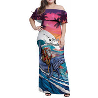 Hawaiian Mele Kalikimaka Family Matching Off Shoulder Maxi Dress and Hawaiian Shirt Santa Claus Driving The Whale with Sunset Ocean Landscape