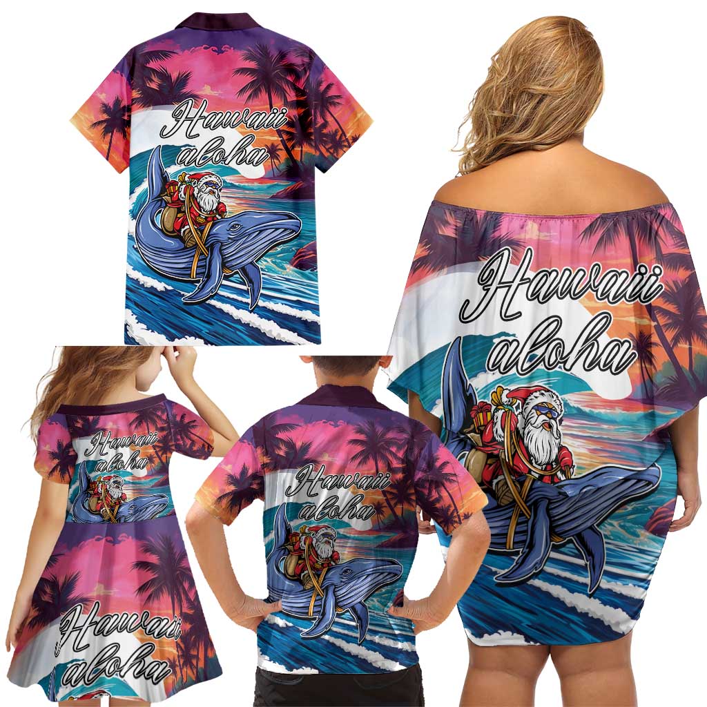 Hawaiian Mele Kalikimaka Family Matching Off Shoulder Short Dress and Hawaiian Shirt Santa Claus Driving The Whale with Sunset Ocean Landscape