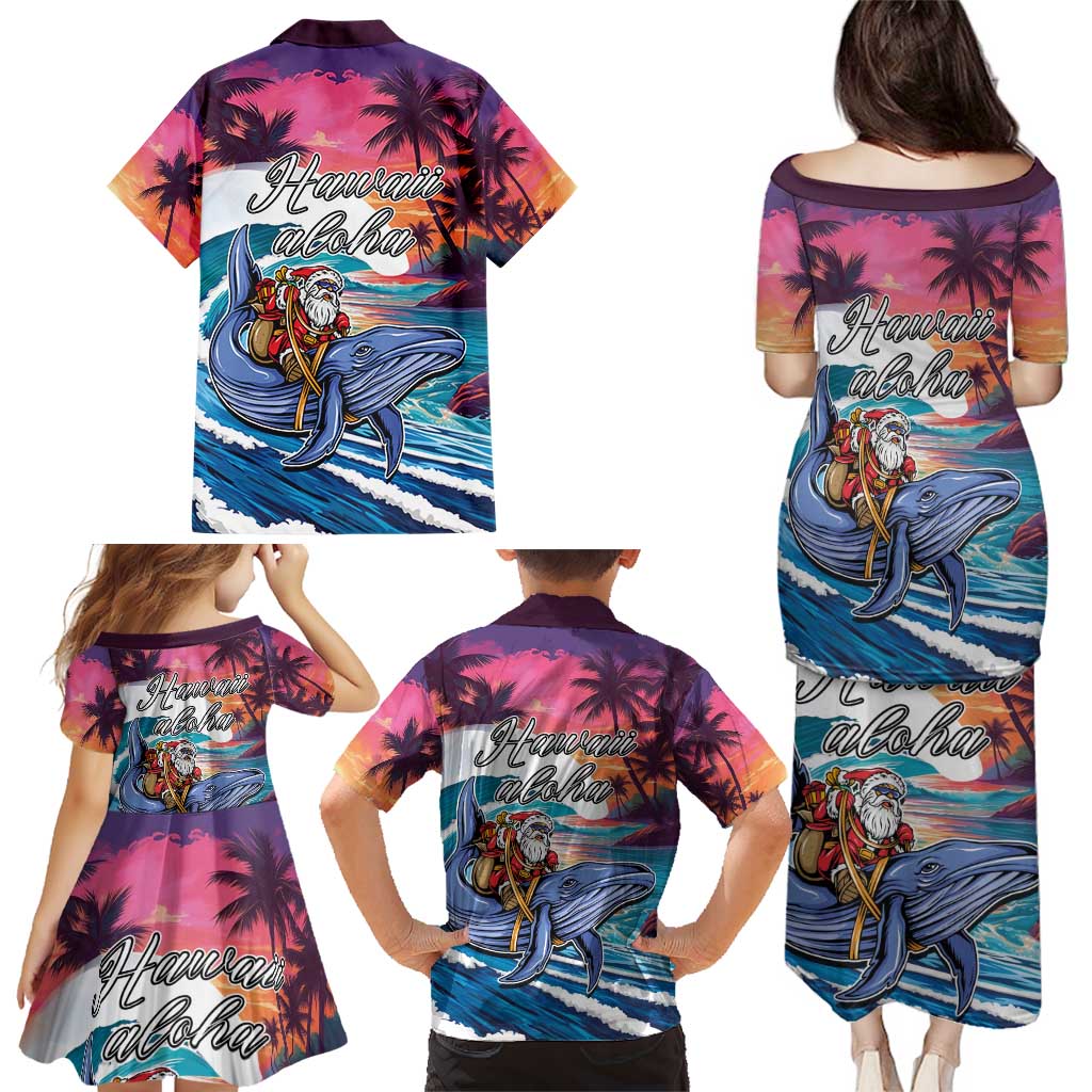 Hawaiian Mele Kalikimaka Family Matching Puletasi and Hawaiian Shirt Santa Claus Driving The Whale with Sunset Ocean Landscape