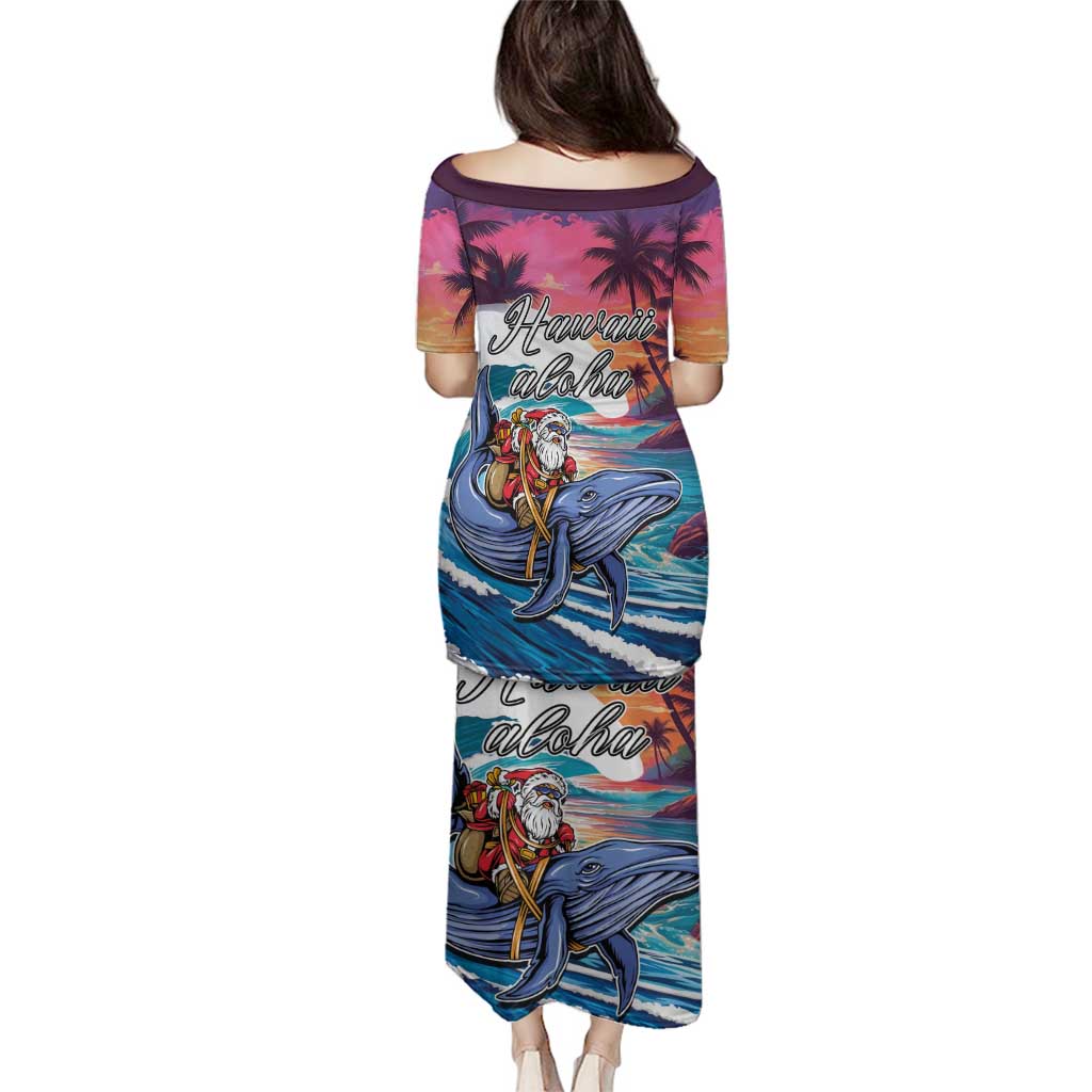 Hawaiian Mele Kalikimaka Family Matching Puletasi and Hawaiian Shirt Santa Claus Driving The Whale with Sunset Ocean Landscape