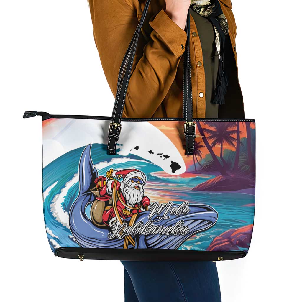 Hawaiian Mele Kalikimaka Leather Tote Bag Santa Claus Driving The Whale with Sunset Ocean Landscape