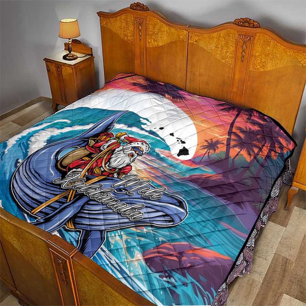 Hawaiian Mele Kalikimaka Quilt Santa Claus Driving The Whale with Sunset Ocean Landscape