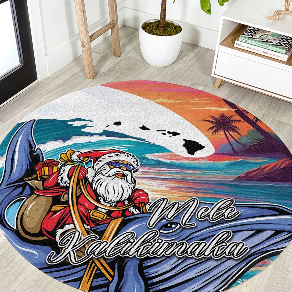 Hawaiian Mele Kalikimaka Round Carpet Santa Claus Driving The Whale with Sunset Ocean Landscape LT03 Blue - Polynesian Pride