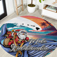 Hawaiian Mele Kalikimaka Round Carpet Santa Claus Driving The Whale with Sunset Ocean Landscape LT03 Blue - Polynesian Pride