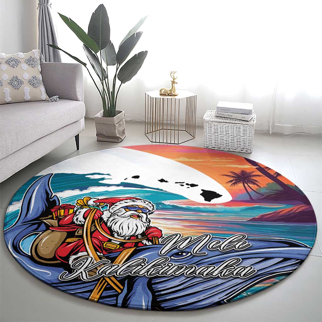 Hawaiian Mele Kalikimaka Round Carpet Santa Claus Driving The Whale with Sunset Ocean Landscape LT03 - Polynesian Pride