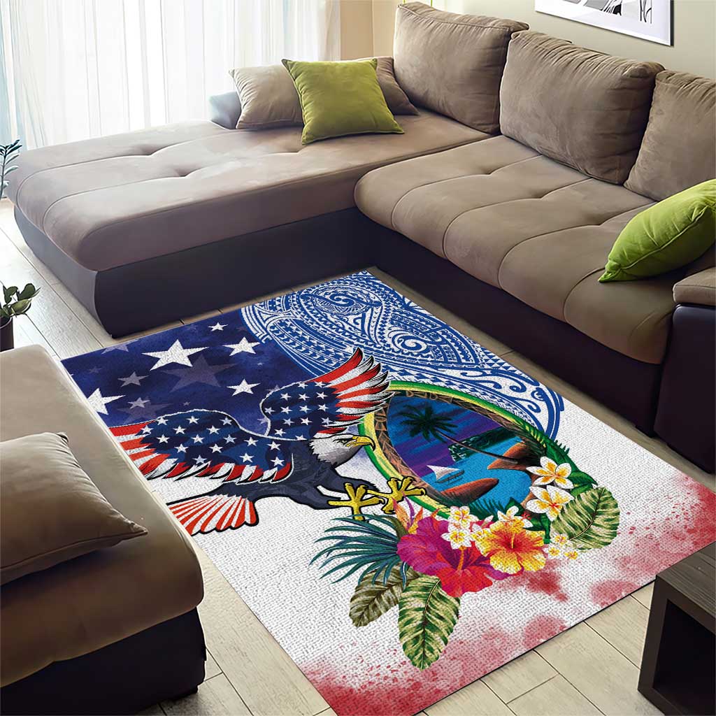 Guam and United States Together Area Rug Bald Eagle and Guam Seal with Flower and Tribal Tattoos - Polynesian Pride