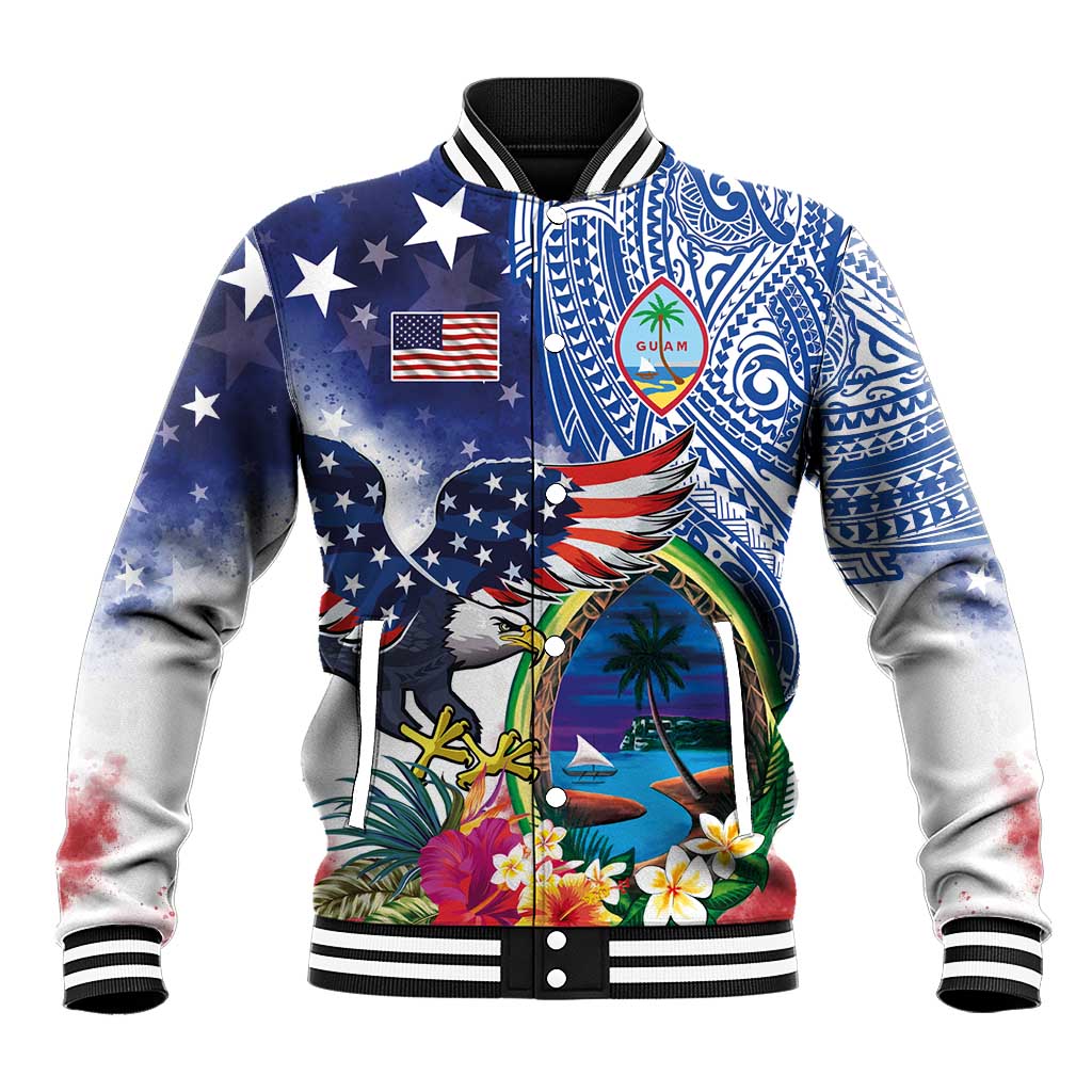 Guam and United States Together Baseball Jacket Bald Eagle and Guam Seal with Flower and Tribal Tattoos - Polynesian Pride