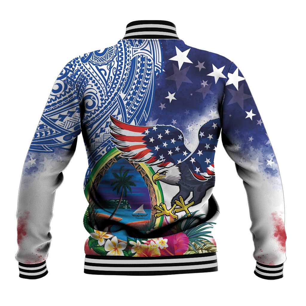 Guam and United States Together Baseball Jacket Bald Eagle and Guam Seal with Flower and Tribal Tattoos - Polynesian Pride