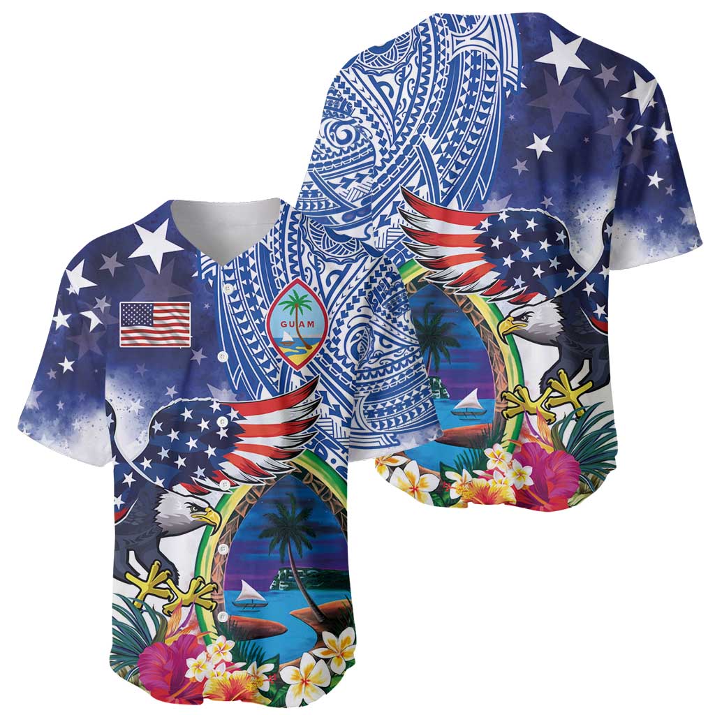 Guam and United States Together Baseball Jersey Bald Eagle and Guam Seal with Flower and Tribal Tattoos - Polynesian Pride