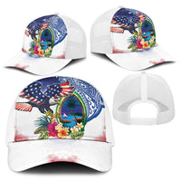 Guam and United States Together Baseball Net Cap Bald Eagle and Guam Seal with Flower and Tribal Tattoos - Polynesian Pride