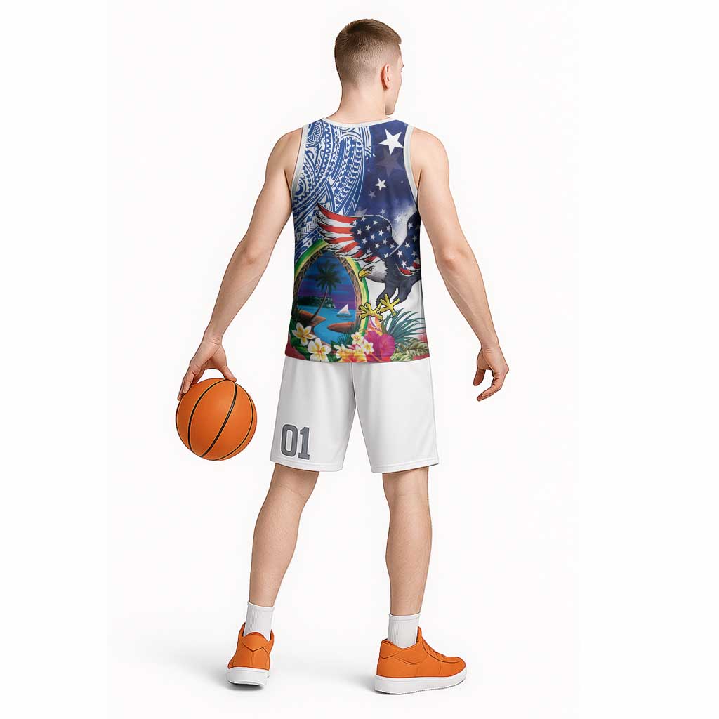 Guam and United States Together Basketball Jersey Bald Eagle and Guam Seal with Flower and Tribal Tattoos - Polynesian Pride