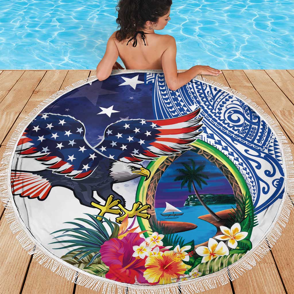 Guam and United States Together Beach Blanket Bald Eagle and Guam Seal with Flower and Tribal Tattoos - Polynesian Pride