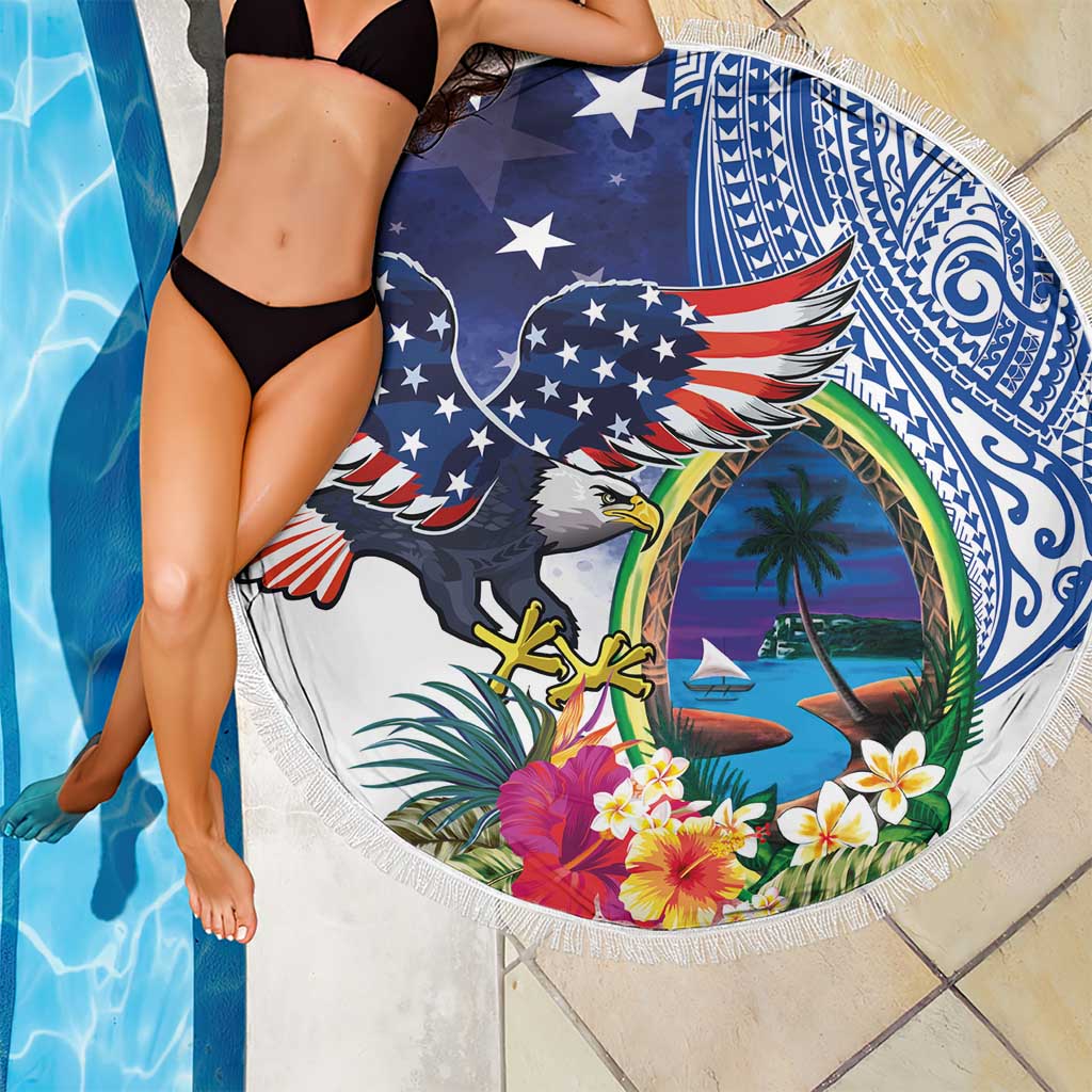 Guam and United States Together Beach Blanket Bald Eagle and Guam Seal with Flower and Tribal Tattoos - Polynesian Pride