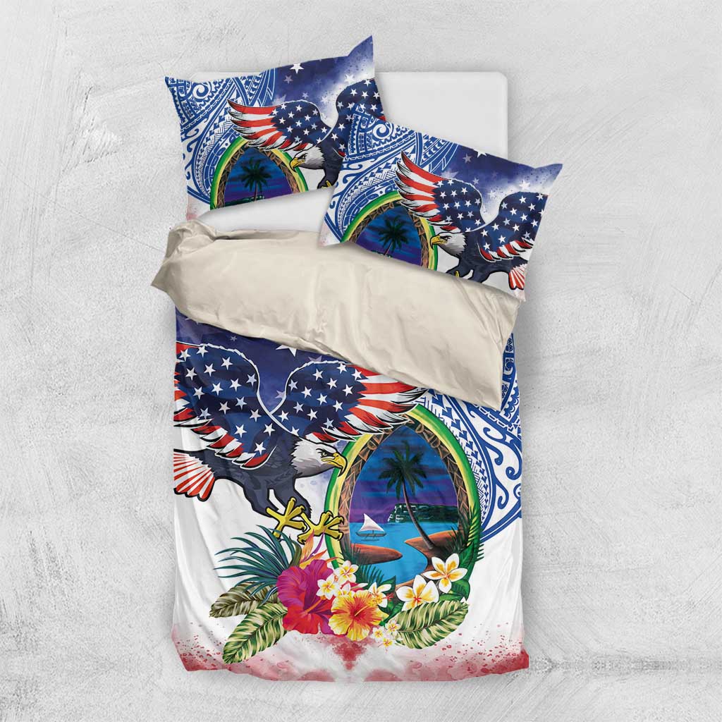 Guam and United States Together Bedding Set Bald Eagle and Guam Seal with Flower and Tribal Tattoos - Polynesian Pride