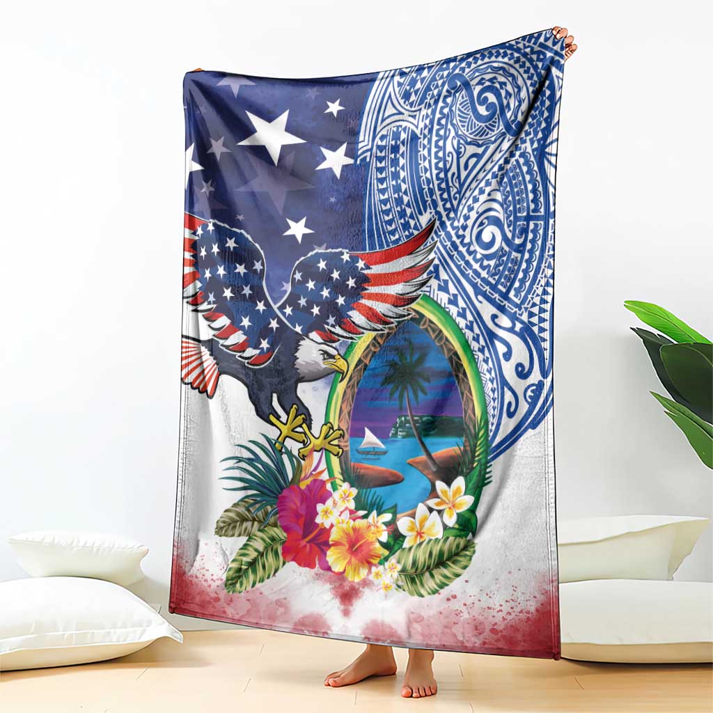 Guam and United States Together Blanket Bald Eagle and Guam Seal with Flower and Tribal Tattoos - Polynesian Pride