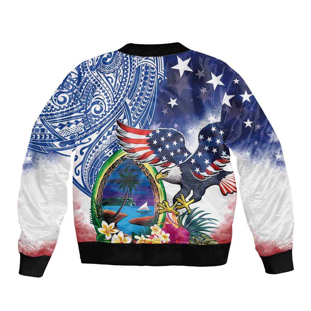 Guam and United States Together Bomber Jacket Bald Eagle and Guam Seal with Flower and Tribal Tattoos - Polynesian Pride