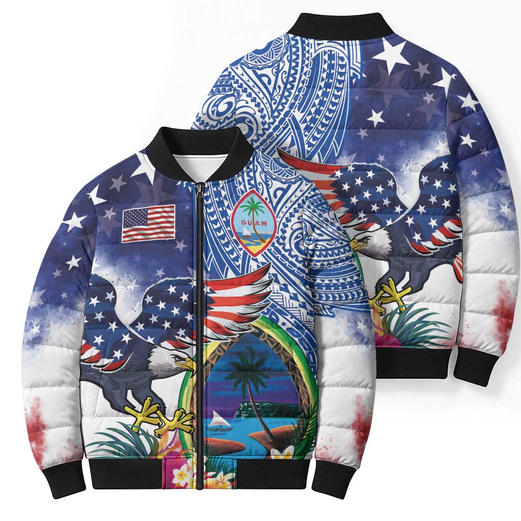 Guam and United States Together Bomber Puffer Jacket Bald Eagle and Guam Seal with Flower and Tribal Tattoos - Polynesian Pride