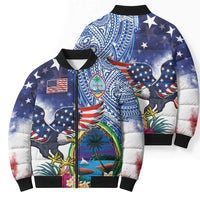 Guam and United States Together Bomber Puffer Jacket Bald Eagle and Guam Seal with Flower and Tribal Tattoos - Polynesian Pride