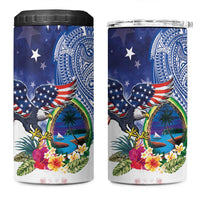 Guam and United States Together 4 in 1 Can Cooler Tumbler Bald Eagle and Guam Seal with Flower and Tribal Tattoos - Polynesian Pride