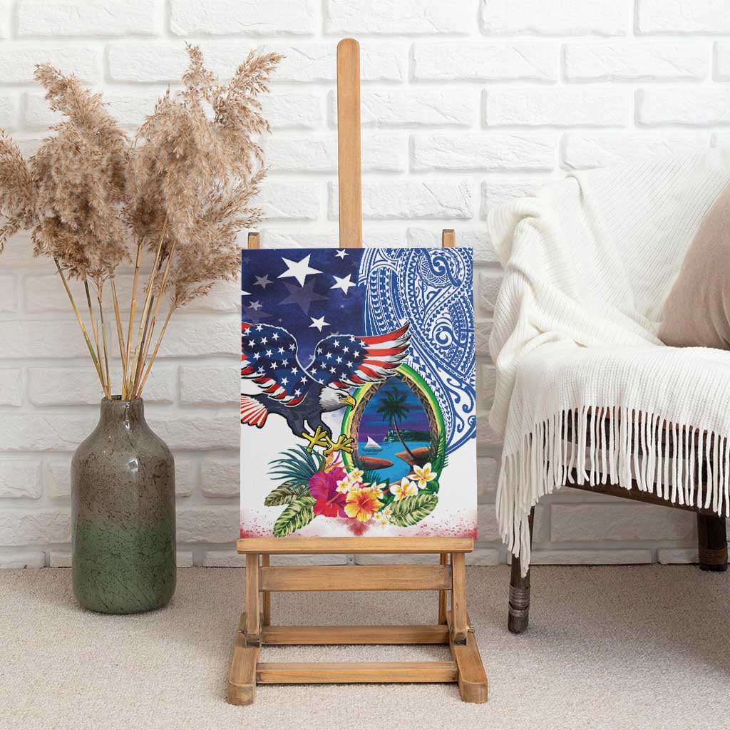 Guam and United States Together Canvas Wall Art Bald Eagle and Guam Seal with Flower and Tribal Tattoos - Polynesian Pride