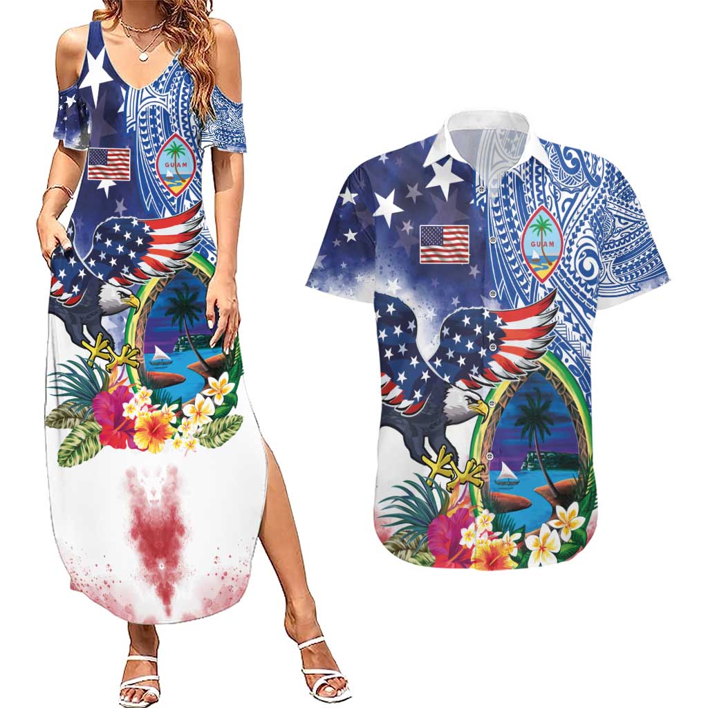Guam and United States Together Couples Matching Summer Maxi Dress and Hawaiian Shirt Bald Eagle and Guam Seal with Flower and Tribal Tattoos - Polynesian Pride