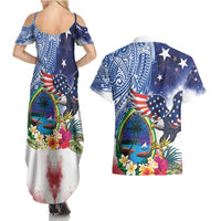 Guam and United States Together Couples Matching Summer Maxi Dress and Hawaiian Shirt Bald Eagle and Guam Seal with Flower and Tribal Tattoos - Polynesian Pride
