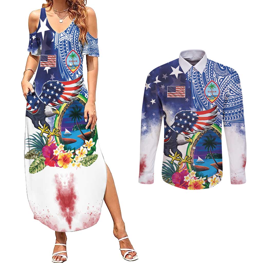 Guam and United States Together Couples Matching Summer Maxi Dress and Long Sleeve Button Shirt Bald Eagle and Guam Seal with Flower and Tribal Tattoos - Polynesian Pride