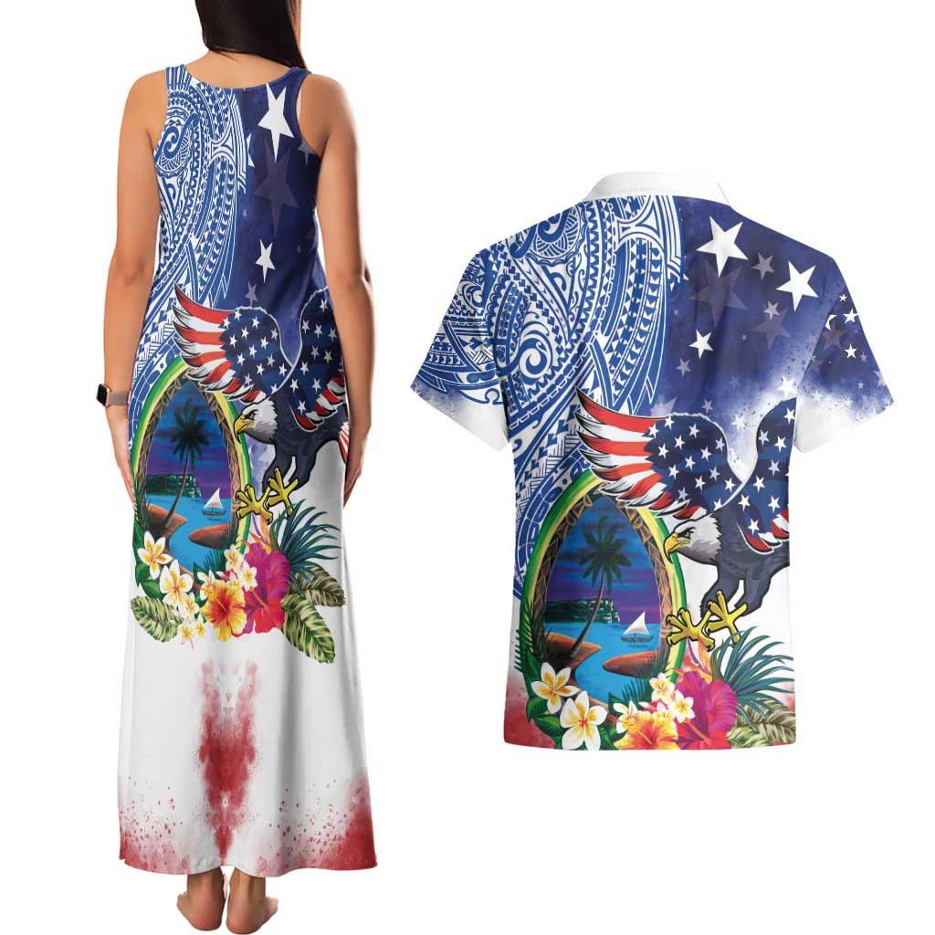 Guam and United States Together Couples Matching Tank Maxi Dress and Hawaiian Shirt Bald Eagle and Guam Seal with Flower and Tribal Tattoos - Polynesian Pride