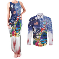 Guam and United States Together Couples Matching Tank Maxi Dress and Long Sleeve Button Shirt Bald Eagle and Guam Seal with Flower and Tribal Tattoos - Polynesian Pride