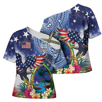 Guam and United States Together Cross Shoulder Shirt Bald Eagle and Guam Seal with Flower and Tribal Tattoos - Polynesian Pride