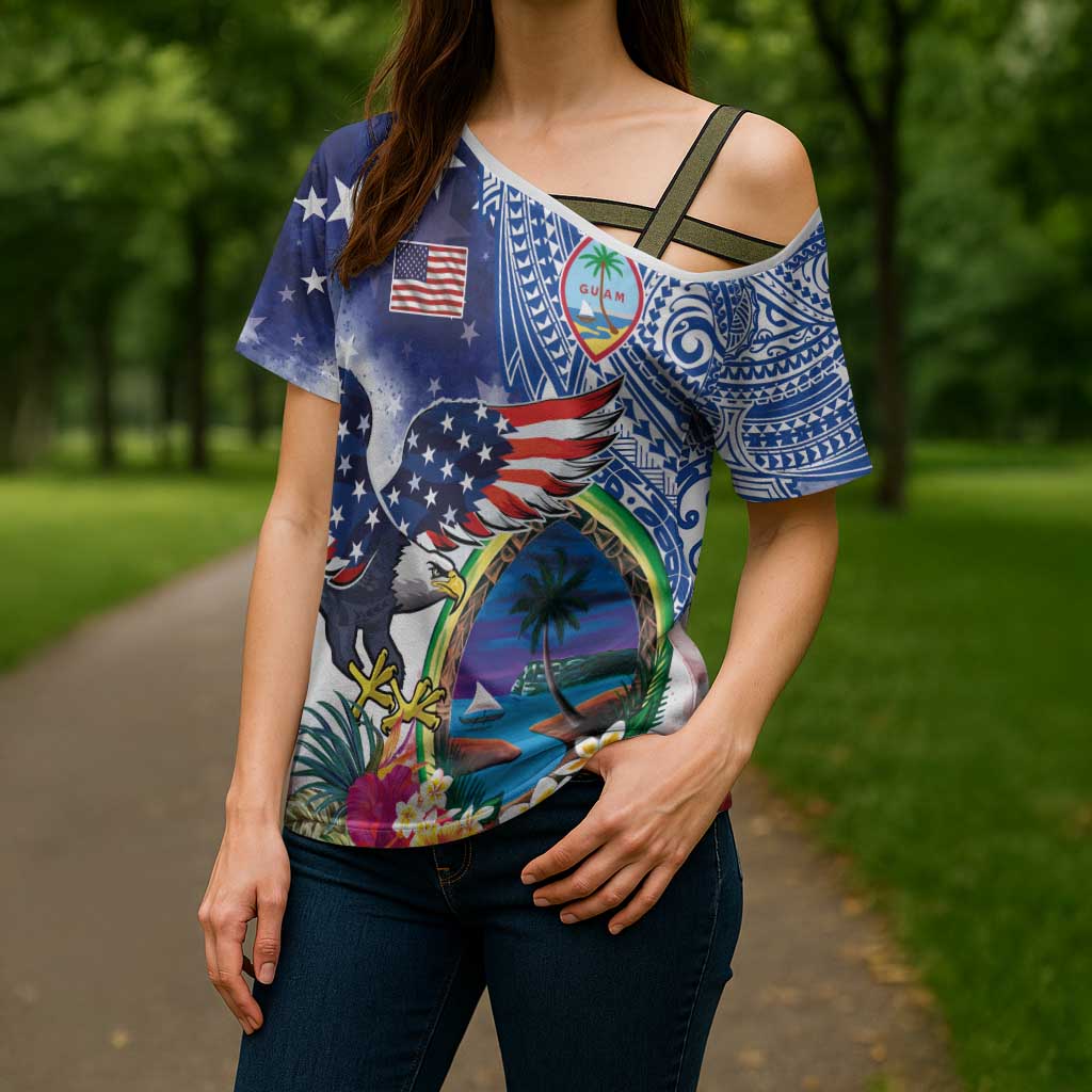 Guam and United States Together Cross Shoulder Shirt Bald Eagle and Guam Seal with Flower and Tribal Tattoos - Polynesian Pride