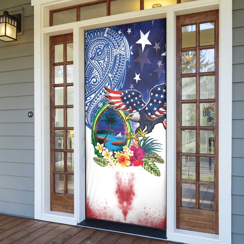 Guam and United States Together Door Cover Bald Eagle and Guam Seal with Flower and Tribal Tattoos - Polynesian Pride