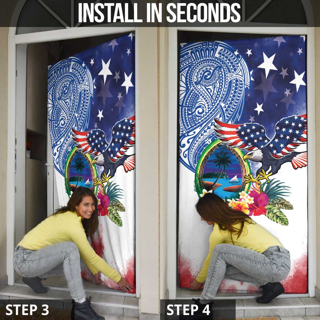 Guam and United States Together Door Cover Bald Eagle and Guam Seal with Flower and Tribal Tattoos - Polynesian Pride