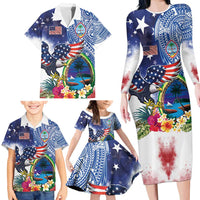 Guam and United States Together Family Matching Long Sleeve Bodycon Dress and Hawaiian Shirt Bald Eagle and Guam Seal with Flower and Tribal Tattoos - Polynesian Pride