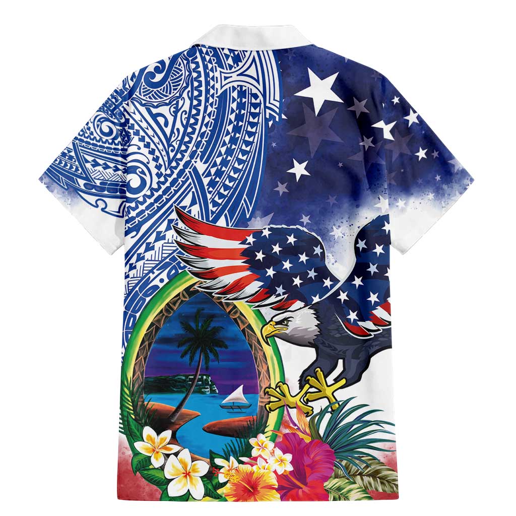 Guam and United States Together Family Matching Mermaid Dress and Hawaiian Shirt Bald Eagle and Guam Seal with Flower and Tribal Tattoos - Polynesian Pride