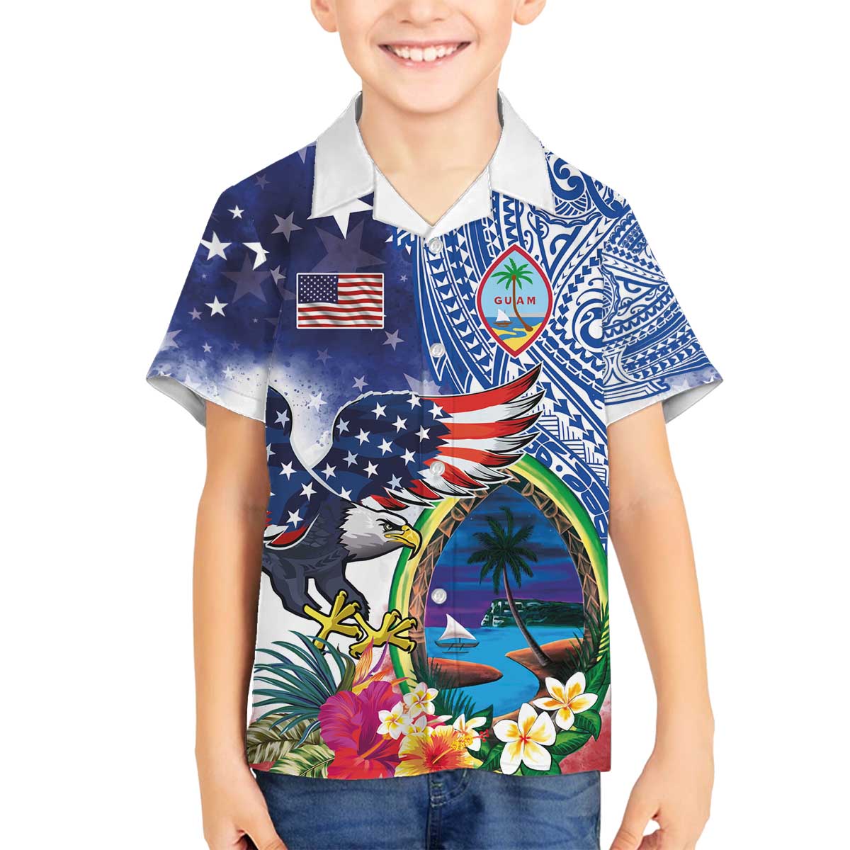 Guam and United States Together Family Matching Off The Shoulder Long Sleeve Dress and Hawaiian Shirt Bald Eagle and Guam Seal with Flower and Tribal Tattoos - Polynesian Pride