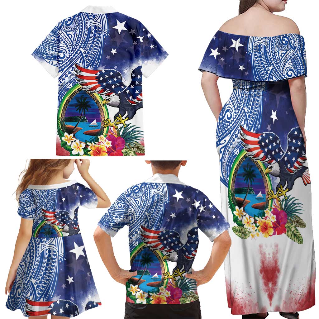 Guam and United States Together Family Matching Off Shoulder Maxi Dress and Hawaiian Shirt Bald Eagle and Guam Seal with Flower and Tribal Tattoos - Polynesian Pride