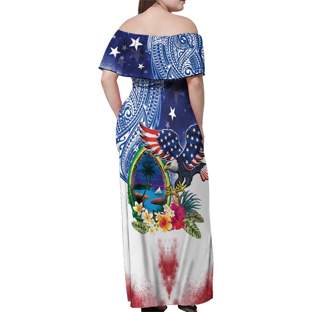 Guam and United States Together Family Matching Off Shoulder Maxi Dress and Hawaiian Shirt Bald Eagle and Guam Seal with Flower and Tribal Tattoos - Polynesian Pride