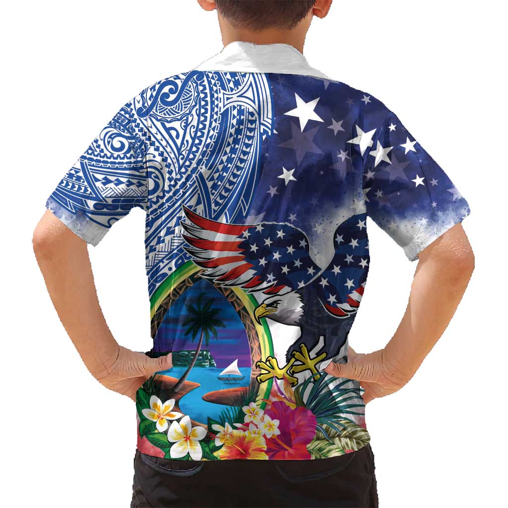 Guam and United States Together Family Matching Off Shoulder Short Dress and Hawaiian Shirt Bald Eagle and Guam Seal with Flower and Tribal Tattoos - Polynesian Pride