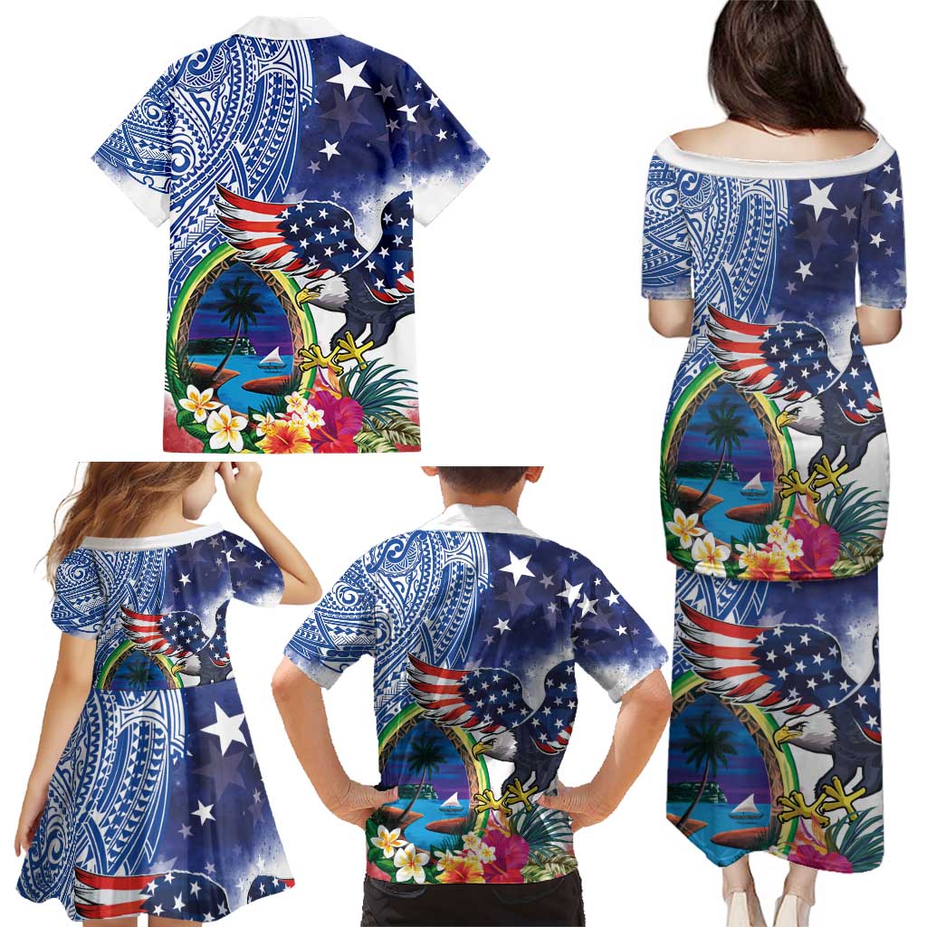 Guam and United States Together Family Matching Puletasi and Hawaiian Shirt Bald Eagle and Guam Seal with Flower and Tribal Tattoos - Polynesian Pride
