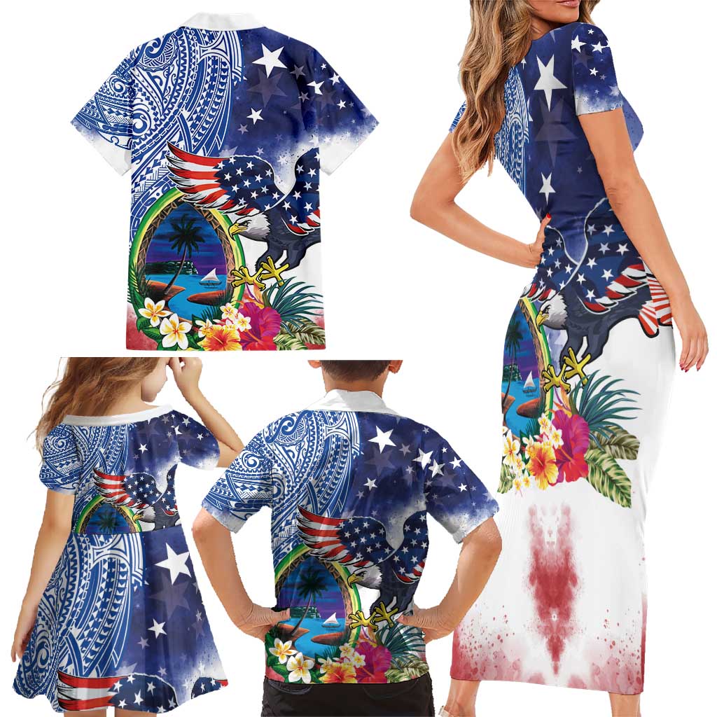 Guam and United States Together Family Matching Short Sleeve Bodycon Dress and Hawaiian Shirt Bald Eagle and Guam Seal with Flower and Tribal Tattoos - Polynesian Pride